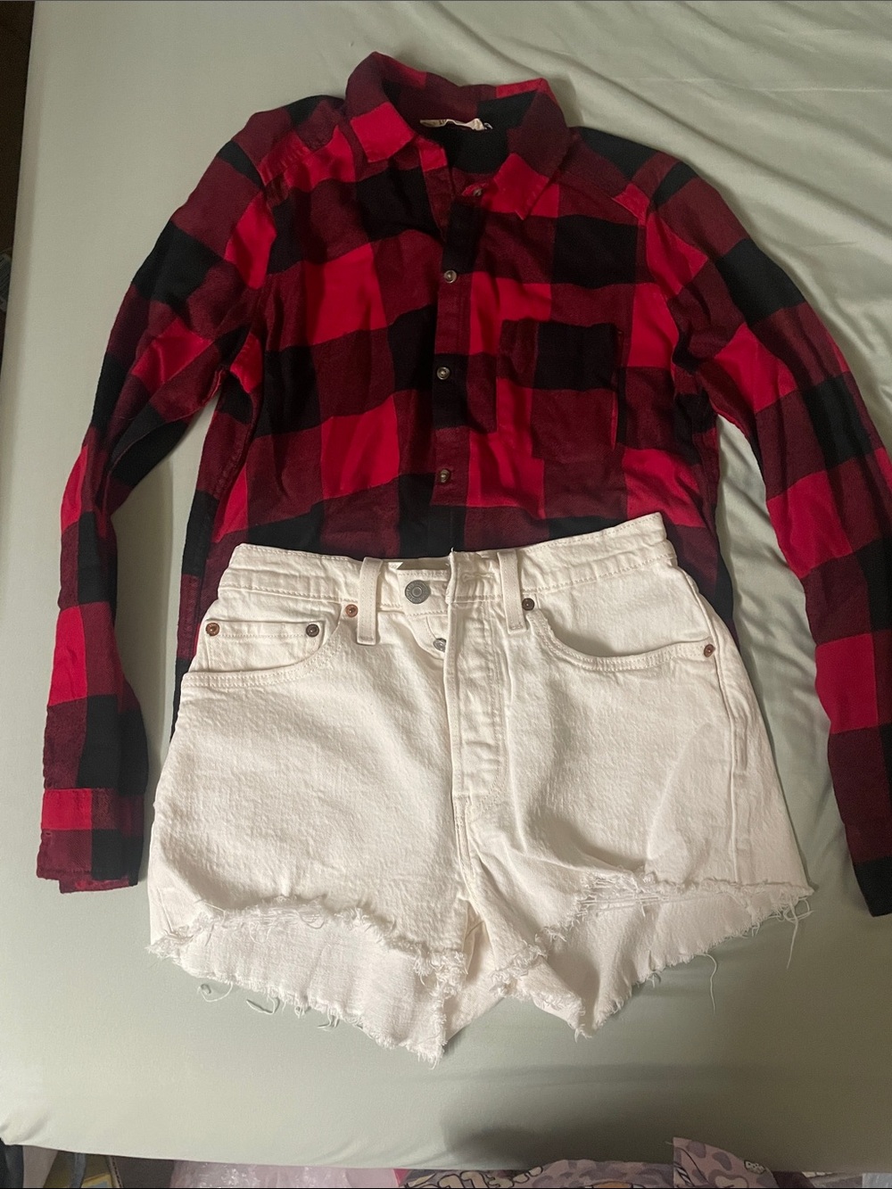 Cropped Red and Black Plaid Button-Down Shirt